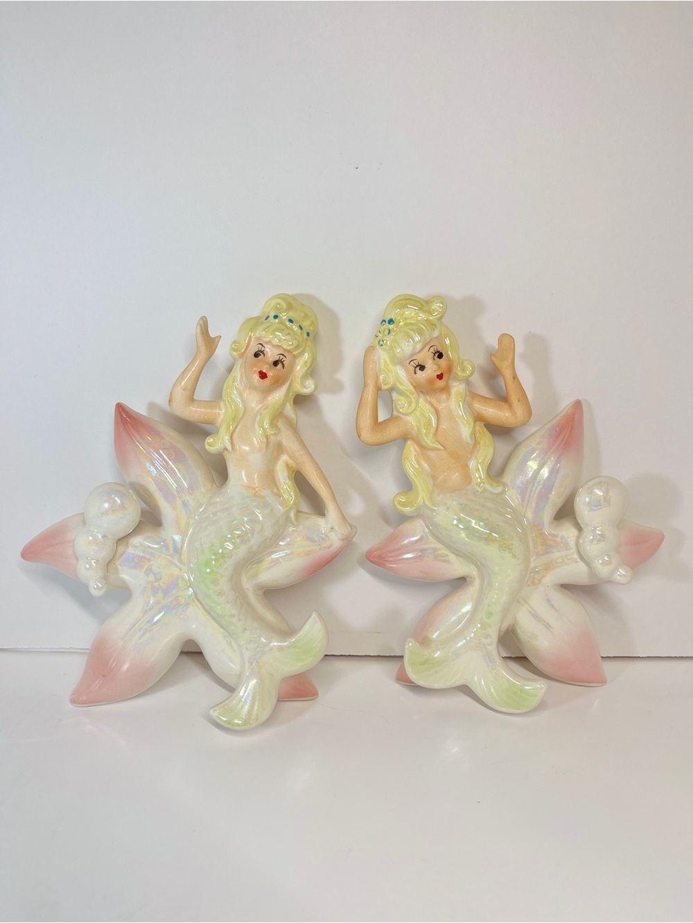 Vintage 50s Lefton Mermaid Wall Plaque Set Iridescent Ceramic Pastel Starfish